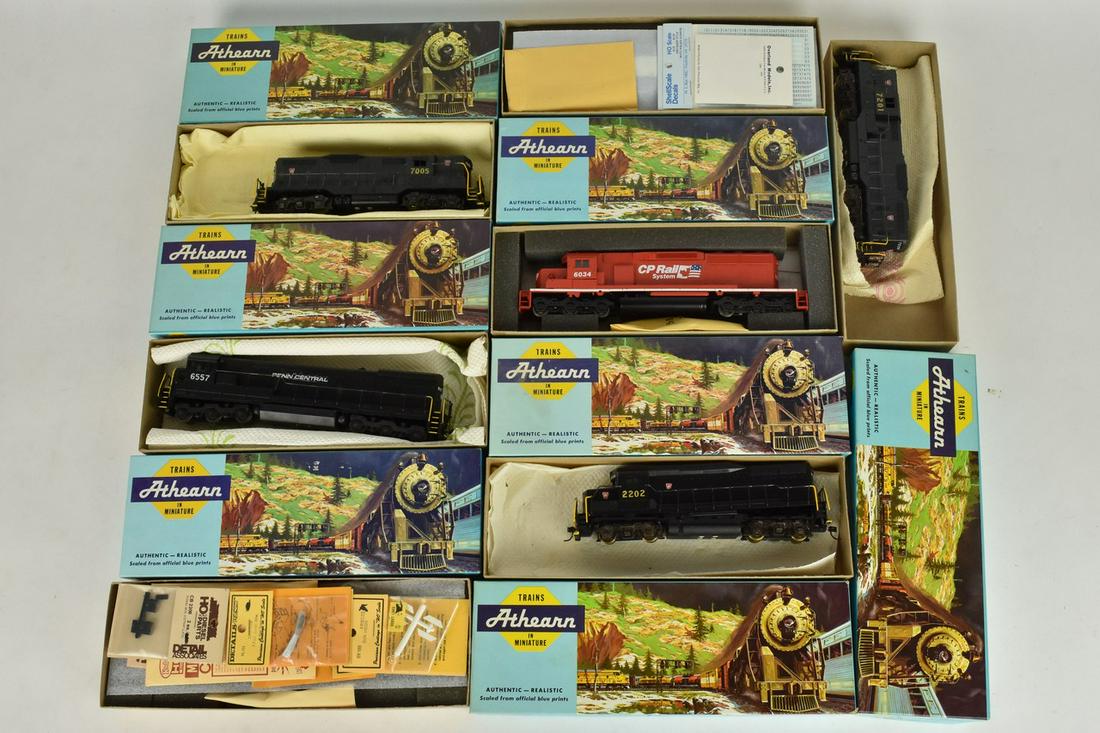 (7) Athearn HO Scale Diesel Locomotives: A collection of seven Athearn HO scale diesel engine locomotives in original packaging. Includes GP-30 Geared RTR; U-33-C Diesel Powered; PA-1 PWR Nickel Plate; SD40-2 Powered CP Rail; and more. Light