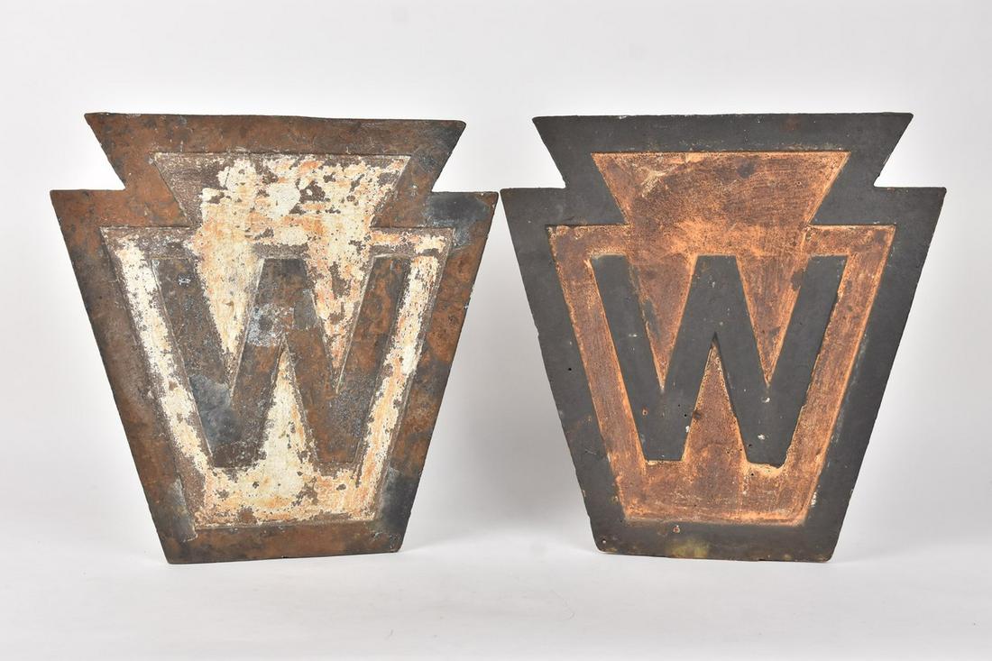 Original PRR Cast Iron Whistle Keystone Sign: An original rare antique cast iron Pennsylvania Railroad Whistle keystone sign. Rust and oxidation consistent with age and use. Measures approx. 16" H x 16" W x 6" D. Please Note: Scheerer McCulloch A