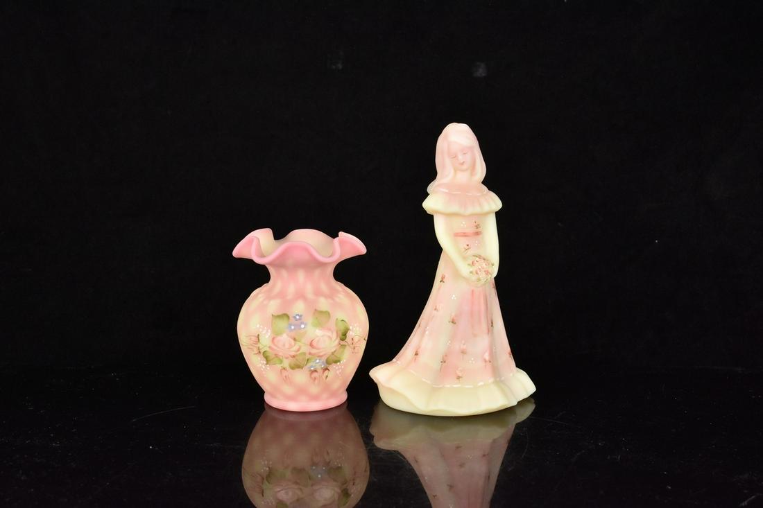 (2) Fenton Burmese: (1) 7" Fenton Burmese glass, hand painted Bridesmaid doll. Excellent condition, stamped and signed. (1) 4.25" Fenton Burmese glass, diamond optic, hand painted, ruffle edge vase. Excellent condition, 