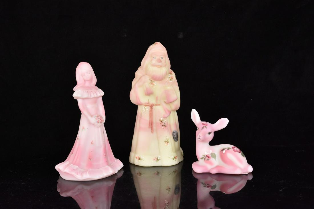 (3) Fenton Burmese Pink: (1) 7" Fenton Burmese pink glass, hand painted, Bridesmaid doll. Excellent condition, signed and tagged on base. (1) 3.5" x 3.5" Fenton Burmese pink satin glass, hand painted, deer. Excellent conditio