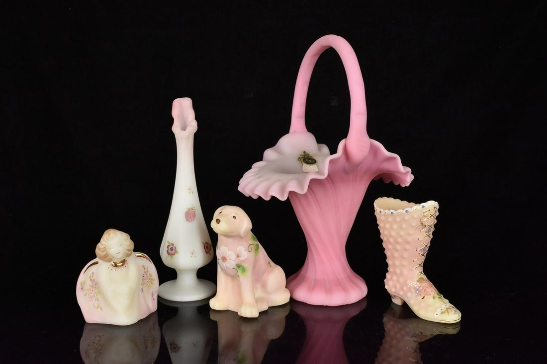 (5) Fenton Pink, Custard, and Burmese: (1) 10.5" Fenton satin pink basket with flared, ruffle edge. Excellent condition with tags. (1) 8" Satin finish white to pink vase. Hand painted with berry's and flowers. Excellent condition, tags on 