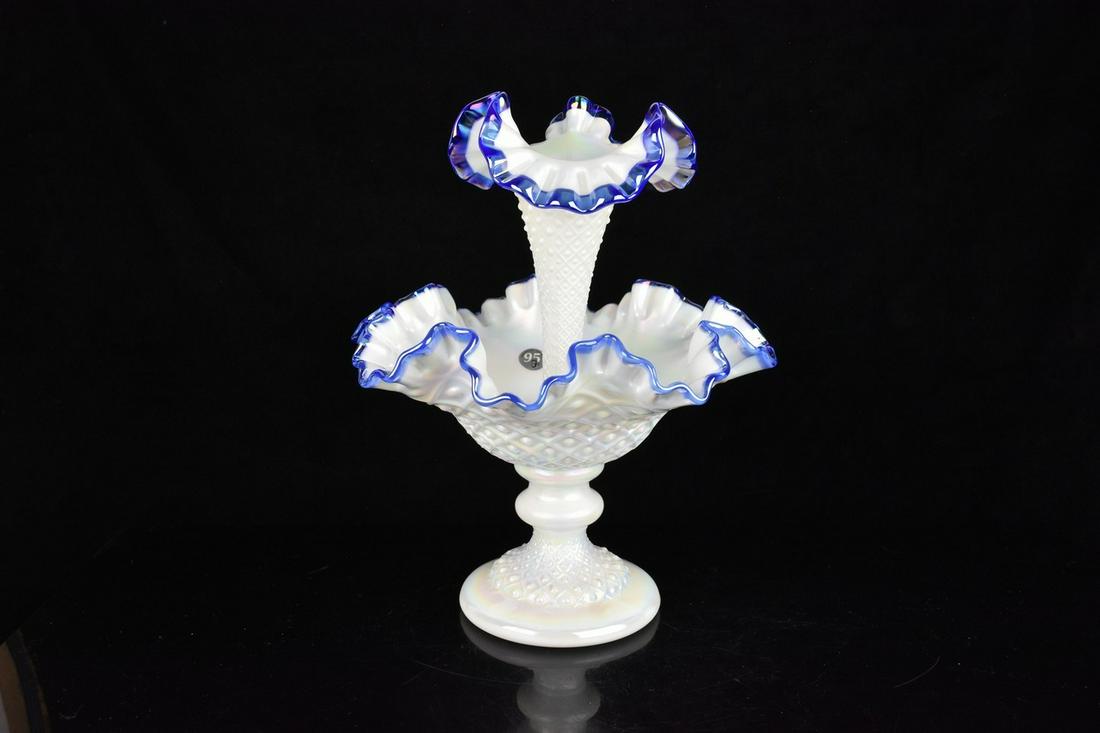 Fenton Single Epergne: 10.75" Assembled, Fenton single epergne. Cobalt crest over pearl white. Excellent condition with tags. Please Note: Scheerer McCulloch Auctioneer will add shipping charges 1-2 business days after auct