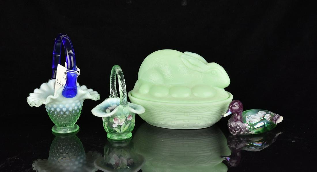 (4) Fenton Jadeite and Willow Green: (1) 7.5" x 5.5" Fenton Jadeite green rabbit on nest dish. Excellent condition with stamped base. (1) 6.5" Green hobnail with cobalt handle basket. Cream iridescent ruffle rim. Excellent condition with