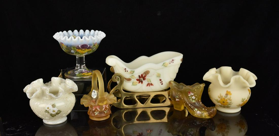 (6) Fenton Custard, Yellow, L. Piper, Romance: (1) 4" Fenton clear compote with opal crest. Hand painted by Louise Piper, dated and signed on base. Yellow and purple pansies. Excellent condition with tags, signed, dated, stamped on base. (1) 7.5" 