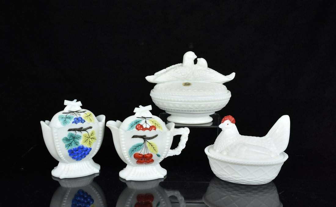 (4) Westmoreland Milk Glass: (1) 5.25" Westmoreland milk glass 2 piece set, creamer and sugar. Style #CG-2, line #108, hand painted cherry and grape, lidded creamer and sugar. Excellent condition with stamped base. (1) 5.5" Milk 