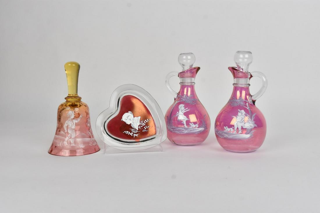 Westmoreland Mary Gregory Style (2) Cruets (1) Bel: (1) 6.5" Westmoreland iridescent ruby cruet. Painted in the "Mary Gregory" style, white paint depicts a girl on a swing. Signed "L Plues". A Westmoreland painter. Excellent condition, signed on image.