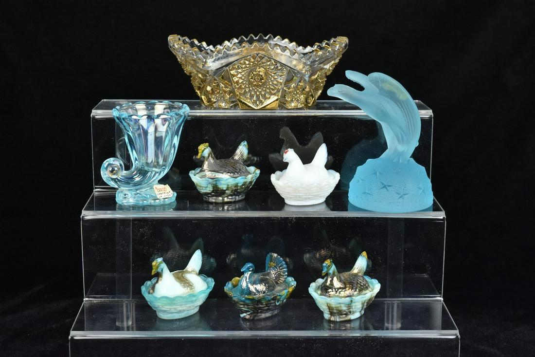 (5) Boyd (2) Imperial (1) Summit: (3) 2.5" Boyd glass hen on nest. Blue/turquoise slag glass. All with "B" trademark stamp. (1) 2.5" Boyd turkey on nest. Blue and gold slag glass, stamped with "B" trademark. (1) 2.5" Shasta white hen