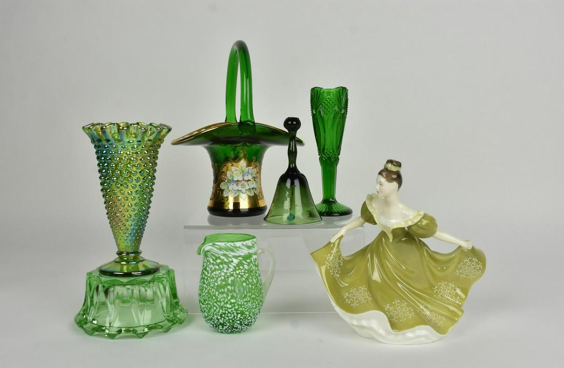 (6) Green Art Glass (1) Royal Doulton Ceramic: (1) 6.75" x 6.25" x 8.5" Czech Art Glass green basket with heavy ornamentation, including 24K gold, enamel appliques, heavily detailed. Excellent condition. (1) 2.25" x 6.25" EAPG McKee glass "jubilee