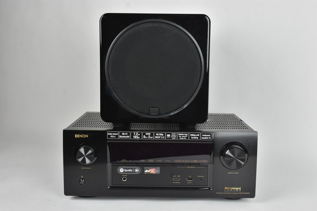 Denon In Command Series Receiver and Speakers: Denon "In Command" Series, Model AVR-X2300W, integrated network receiver, includes cabling, headphones. (2) Episode model ES-SUB-EV08-110 speakers. Please Note: Scheerer McCulloch Auctioneer will add 