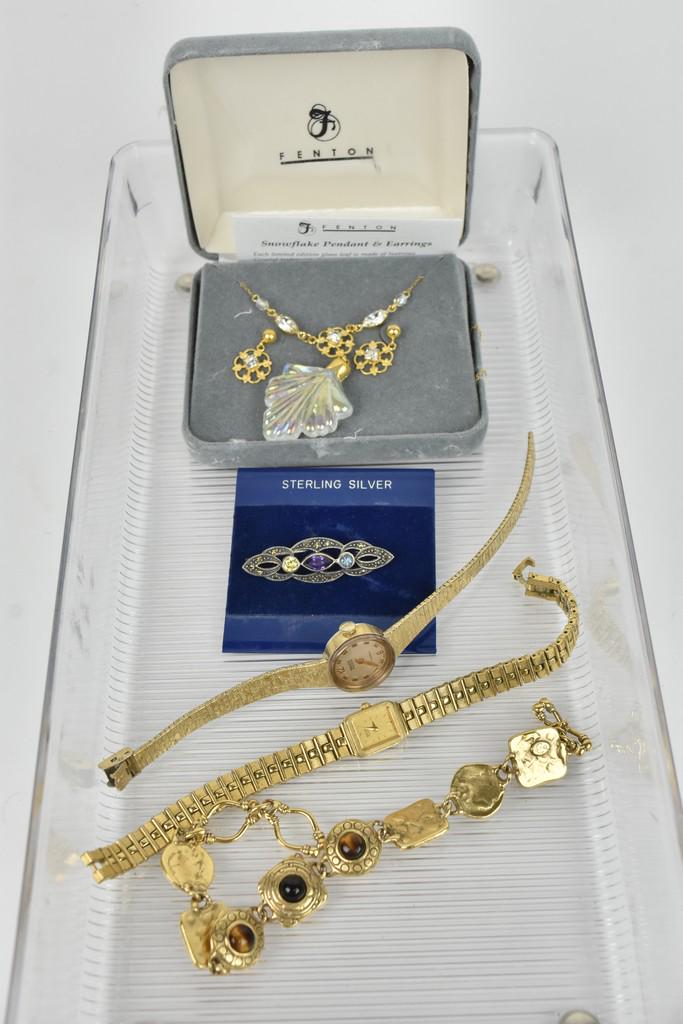 Fenton Jewelry, Gruen Watch, and More: (1) 3-piece set Fenton pendant and earrings. Style #C909 WH and P909 WH, this is a limited edition, crystal iridescent matching set in box with tags. Excellent condition. (1) Sterling silver pin stamp