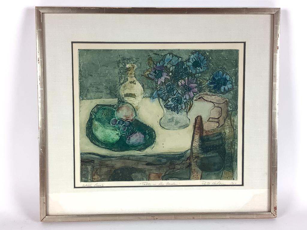 Ruth Kerkovius colored etching: Colored etching by Ruth Kerkovious, German 1921 - 2007. Artist proof titled 'Table in the Garden'. Graphite signed lower right. Titled & artist proof. Held in many collections including the Library of