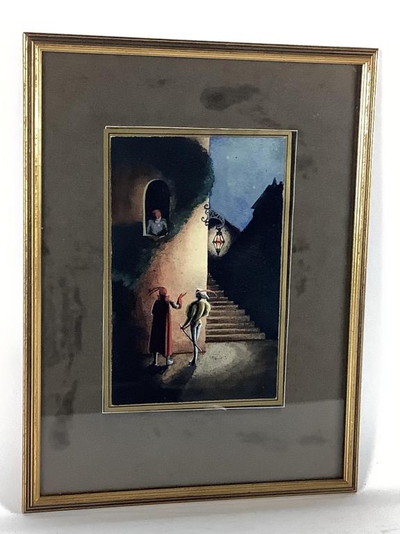 Tempora Watercolor by Alex Ankov: Tempora Watercolor drawing "Brabantio parait a une fenetre de 1 'estage". "La Tragedie d' Othello" Alex Ankov, Paris, 1930. Framed measures 10.5" x 13 3/4".