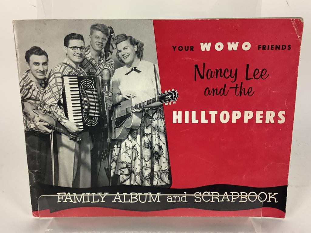 Ft. Wayne WOWO scrap book: Ft. Wayne memorabilia Nancy Lee & The Hill Toppers family album & scrap book. Corner crease on front cover.
