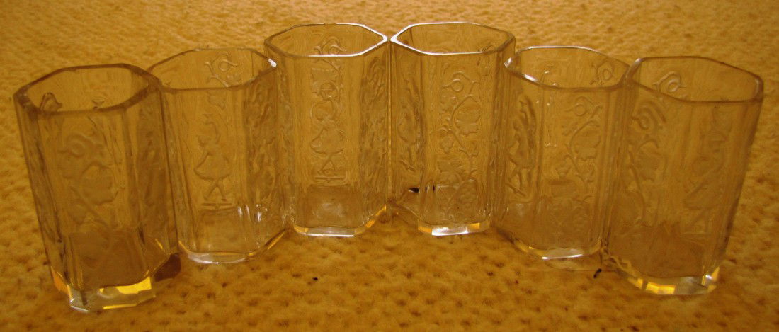 (6) Intaglio Cut Liqueurs: Hexagon shaped. 2.25" Tall