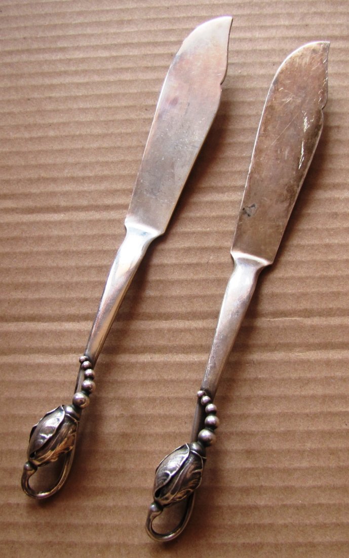 (2) Georg Jensen Blossom sterling silver knifes: Georg Jensen sterling silver knifes; 3.6 ozt. & 8" Long
