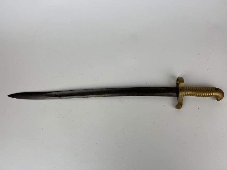 Military-Brass Handled Short Sword: Brass handled short sword. . No scabbard. Stamped 19 on handle. Possibly French 1866 Chassepot Bayonet.