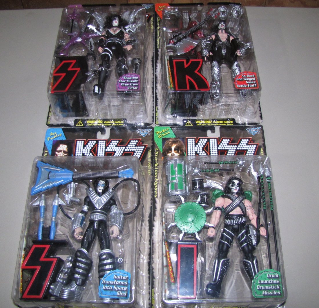 Complete set of Kiss action figures: McFarlane toys complete set of Kiss action figures, still new in the box. Gene Simmons, Paul Stanley, Ace Frehley, and Peter Criss.