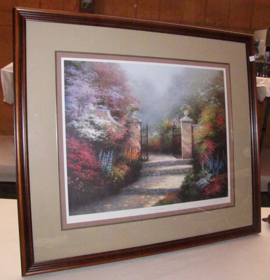 Signed Thomas Kinkade print: Pencil signed, framed and matted, Thomas Kinkade print. Edit on June 13th at 4:20 pm: Size from frame edge to frame edge is 45-inches by 40-inches. Inside matting is 30.75 inches by 25.5-inches.