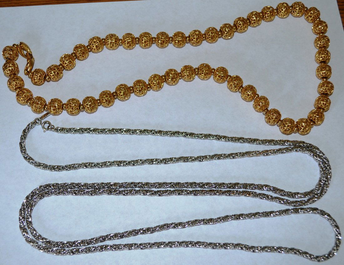 Lot of Monet jewelry (several pieces) & Lisner: 3 Monet necklaces. Large silver necklace is 55 inches, small silver necklace is 16 inches & gold chain is 24 inches. All earrings are Monet except pair on the far right (they are Lisner).