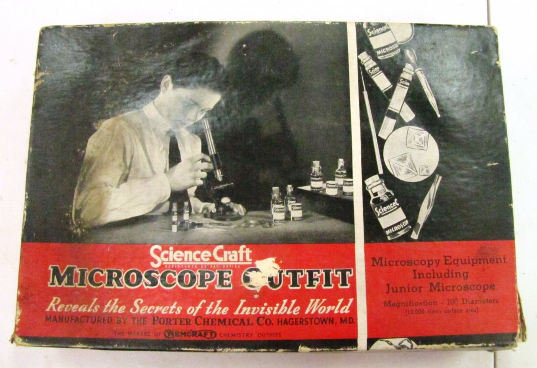 Science Craft Microscope Outift No 300: includes 4 slides, microscope, pipette and lens paper envelope and cellophane envelope. The microscope had a cast iron base and measures 5".