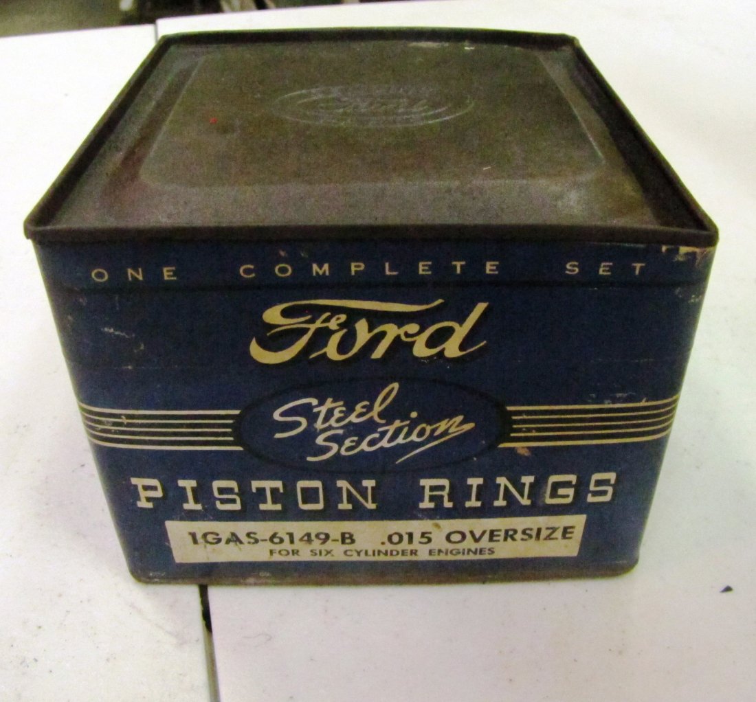 NIB Ford Steel Section Piston Rings: never opened, Ford Piston Rings, 1GAS-6149-B .015 Oversize, for six cylinder engines, 4.5" wide x 3.5" tall