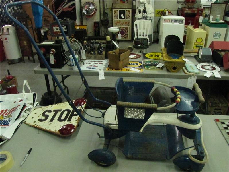 Antique Wood & Metal Baby Stroller: Vtg Wood & Metal Baby Stroller 4 rubber wheels. Two front are pivoting. Tray in front with painted balls for play. Under seat tray for storage. Rear springs for smoother ride. 34" tall x 25" long x 20
