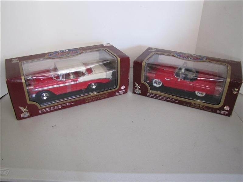 2 - 1955 & 56 Diecast Cars Ford & Chevy: 2 - 1955 & 56 Diecast Cars Ford & Chevy New in the box collector cars, die cast, 1/18th scale. 1955 Ford Thunderbird and 1956 Chevrolet Bel Air.