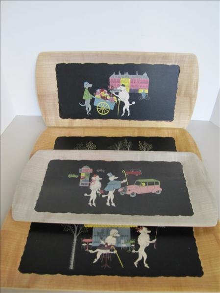 8 Deluxe Kentley Buffet Trays: 8 Deluxe Kentley Buffet Trays This set includes 2 sets of deluxe buffet trays. Made by Kentley, each features artist renditions of scenes. This includes scenes of Fifi and Pepe the poodles.