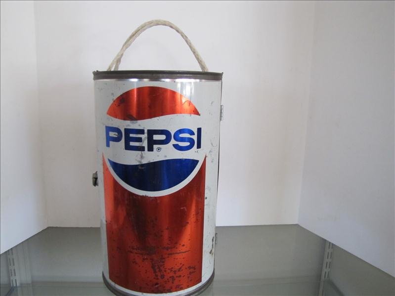 Portable Pepsi Cola 6 Pack Cooler: Portable Pepsi Cola 6 Pack Cooler This cooler has double top twine like handles. The snap hinge on the front opens to an area to hold a 6 pack of cans and ice. The inside is insulated. This measures 1