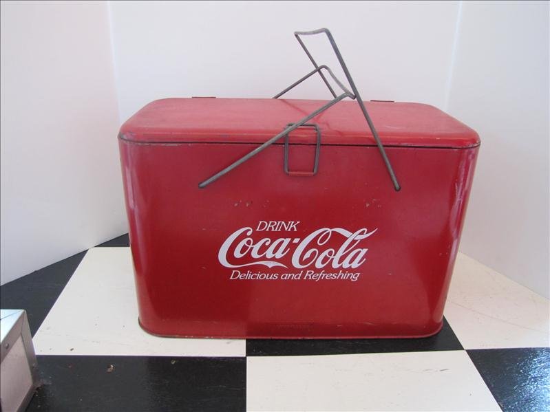 Vintage Portable Coca Cola Cooler: Vintage Portable Coca Cola Cooler This is a portable cooler by Progress Refrigerator Co. This is insulated and is for ice. this has "DRINK COCA COLA DELICIOUS AND REFRESHING". There is light wear on t