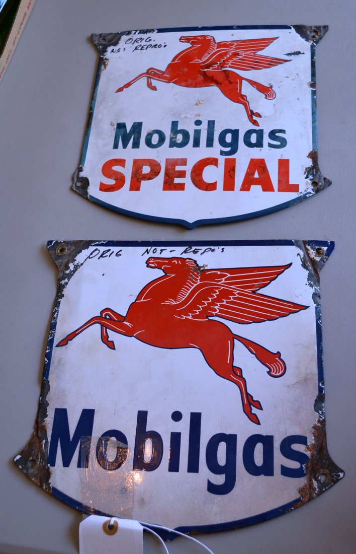 2 antique Mobilgas porcelain signs: 2nd chance to purchase these signs. They were not paid for on day 1, so we are offering again. 2 Porcelain Mobil Gas Advertising Signs 2 authentic original single sided Mobilgas and Mobilgas Special p