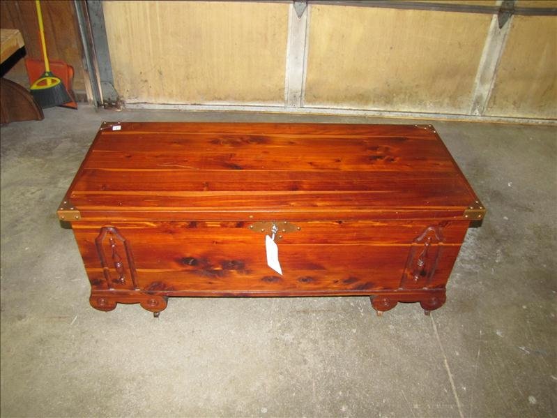 Cedar Chest: Old cedar bed chest with copper accents. Chest ,measures 45.5" wide, 19" deep and 19" tall.