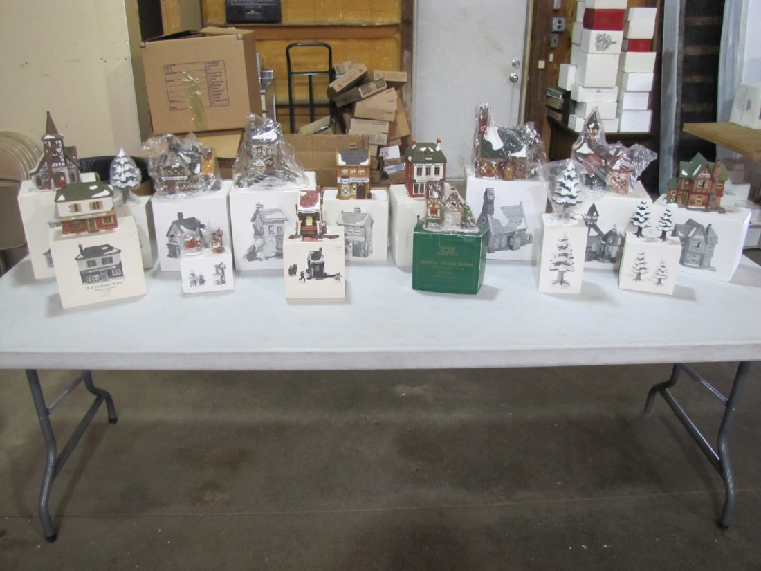 Dickens Heritage Village Collection: This lot has 15 different Department 56 Dickens Village figurines of buildings, scenes, and village pieces. Incuded are: Old Michaelchurch, A Christmas Carol (3 piece set), Small Village Porcelain pin