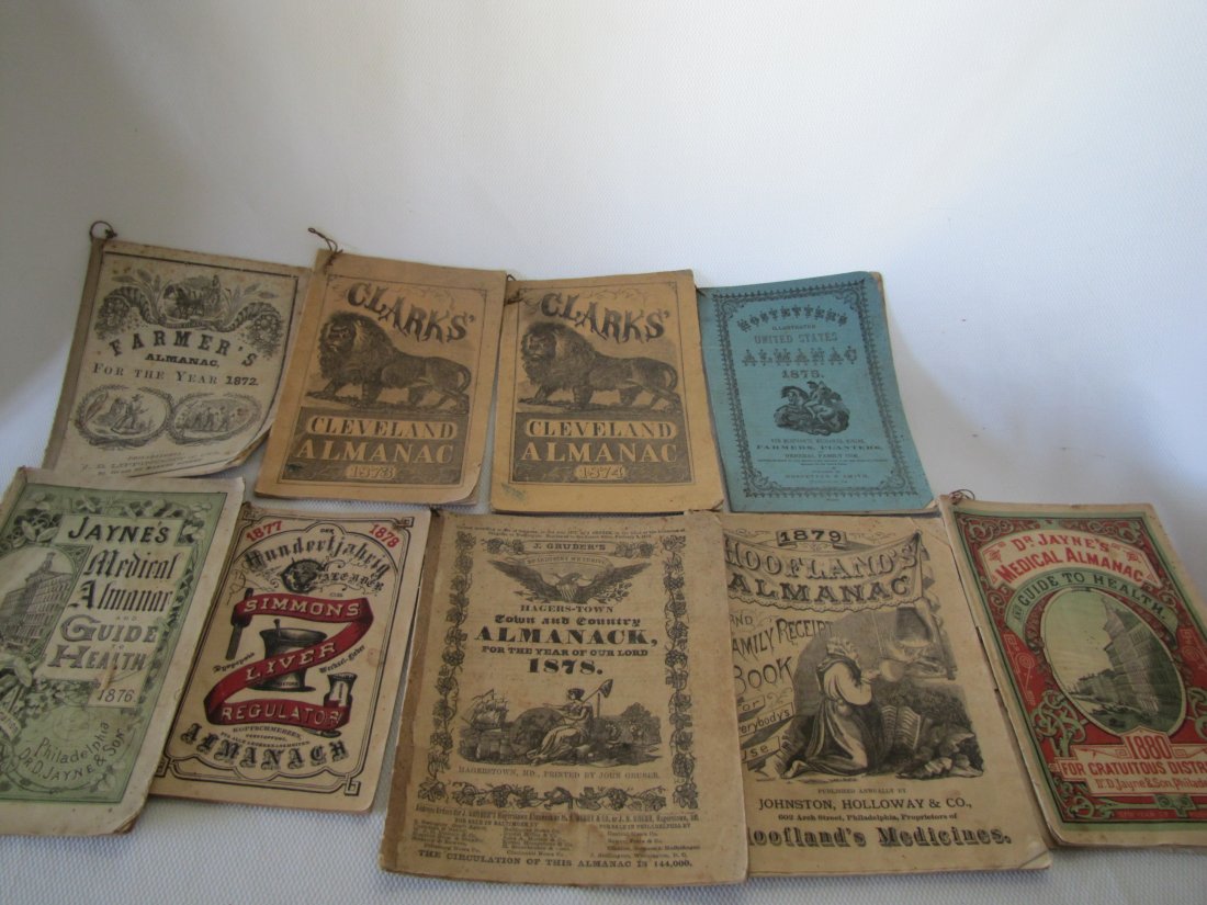 Antique Almanacs 1872 - 1911: Antique Almanacs 1872 - 1911 This lot includes the following almanacs: Farmer's 1872, Clark's Cleveland 1873, Clark's Cleveland 1874, United States 1875, Jayne's Medical and Guide to Health 1876, Hund