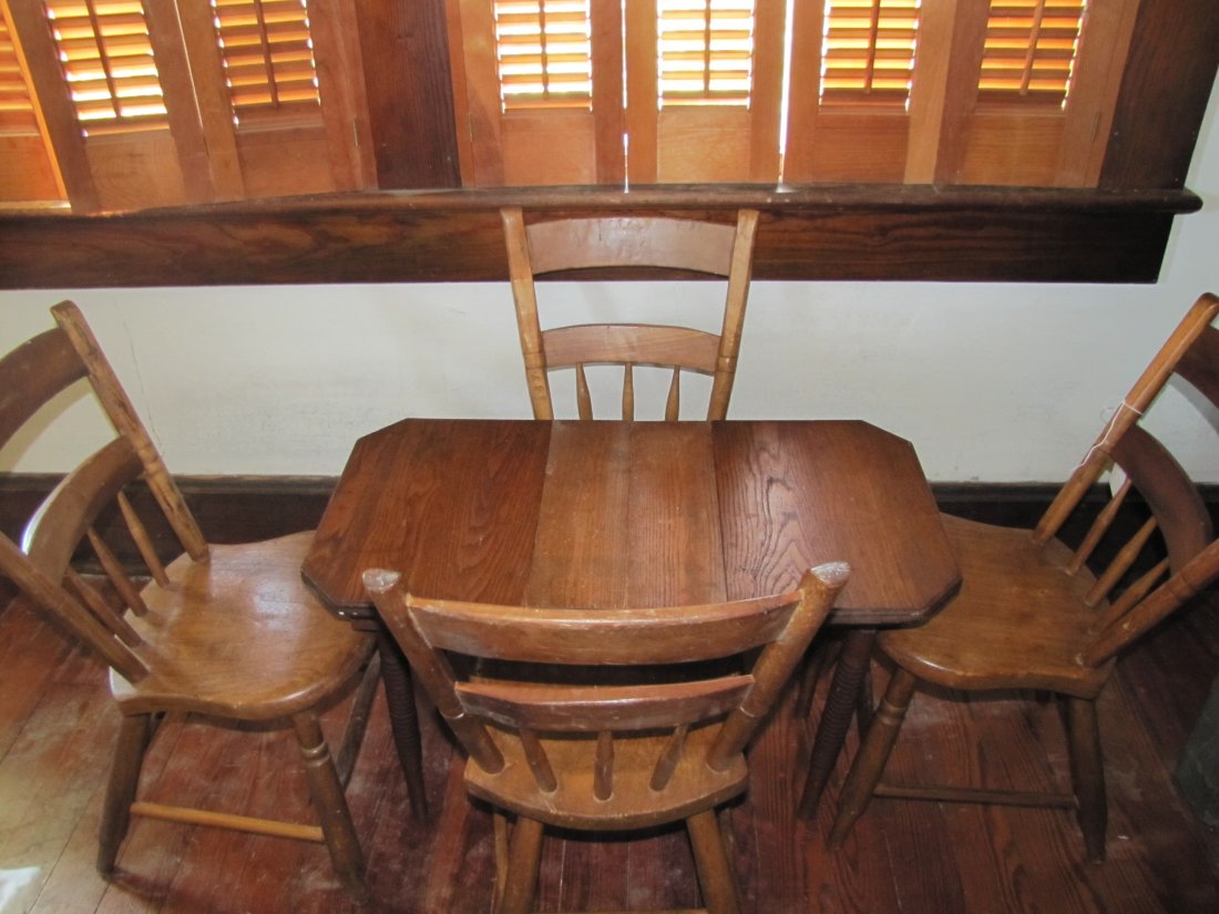 Children's Wooden Table & Chairs: Children's Wooden Table & Chairs This includes a mini dining room table made of solid wood with 2 removable leaves. This table measures 27.5" long with both pieces inserted x 18" wide x 15" high. Four