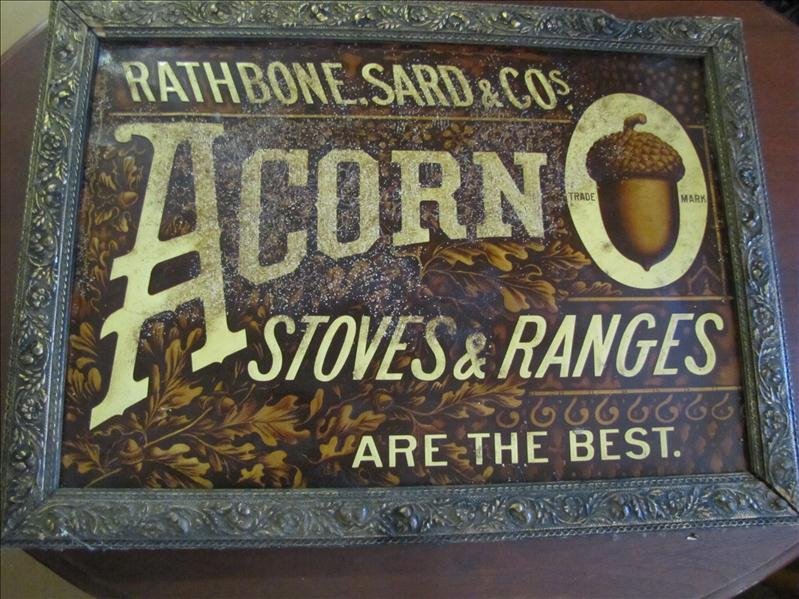 Acorn Stoves & Ranges Tin Advertising Sign: Acorn Tin Advertising Sign This is an authentic tin sign for advertising. This has Rathborn, Sard & Cos, Acorn Stoves & Ranges are the best on the front. This measures 13.5" x 19.75". This is in an or