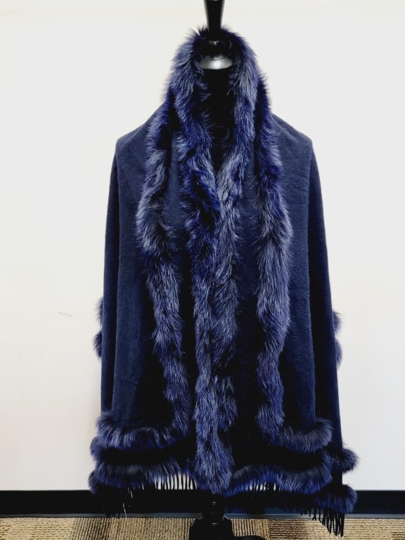 Cashmere Stole W/Fox Trim: Cashmere stole with double fox trim, with original tags, see photos.