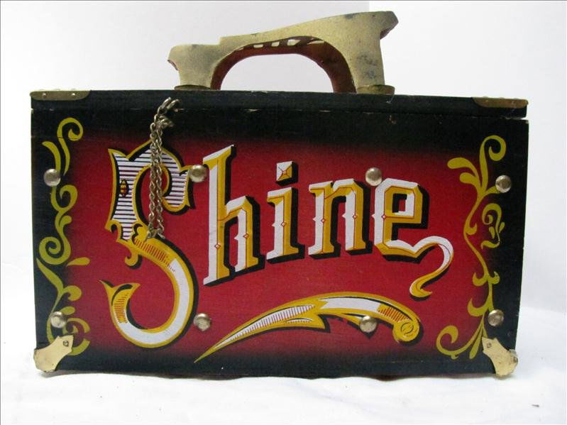5 Cents Shoe Shine Box: 5 Cents Shoe Shine Box Reproduction decorative shoe shine box. "5 cents" painted on the side. Box measures 11" wide and 6.5" tall and 5.5" deep.