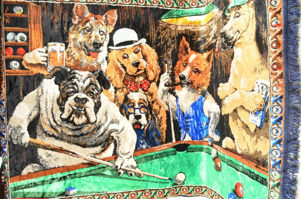 "The Hustler" Large Tapestry: Large tapestry is 68" by 48" and depicts "The Hustler" by Arthur Sarnoff. The tapestry is a depiction of dogs playing pool in a bar scene.