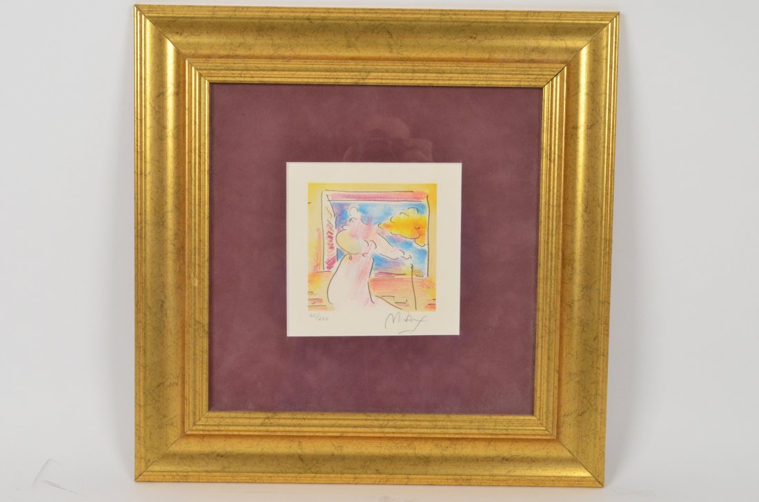 Framed Peter Max Lithograph "Daydreamer": Offered is a framed and matted lithograph print of "Daydreamer" by Peter Max. Marked 22/280. Frame measures 17" by 17" as a whole. The print measures 6" by 6". Piece is signed "Max" in lower right cor