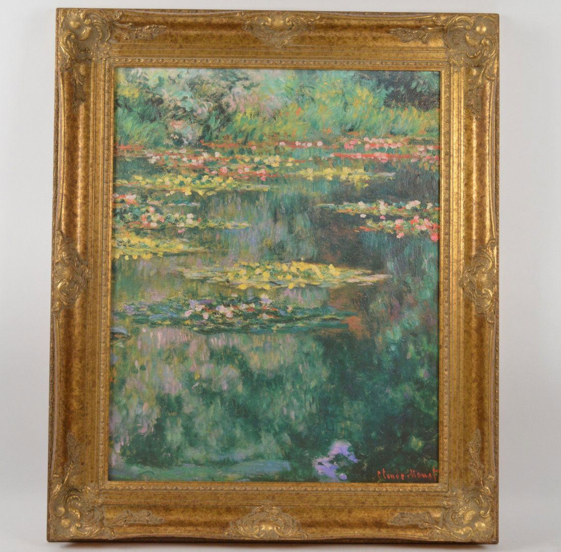 Monet "Water Lily Pond" Framed Print: Ornate gold framed Giclee print of oil on canvase painting. Claude Monet. Edition #552 of 980. Certificate of authenticity is attached to the back of the framed print on canvas. Print measures 23" wid