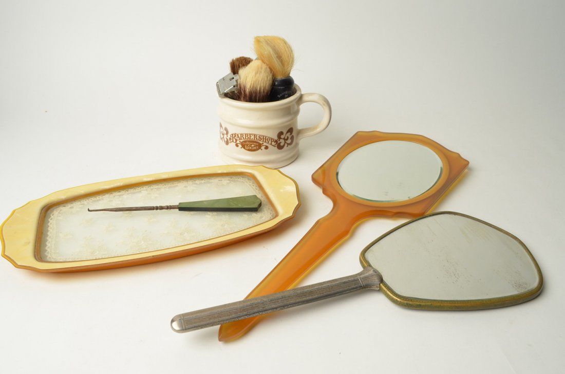 Vintage Barbershop Mug, Brushes, Shavers & Vanity: Vintage Barbershop Mug, Brushes, Shavers & Vanity. This lot is for a vintage Barbershop Brand Old Fashioned Luxury shaving cream mug, 4 brushes (marked Fuller, Barbershop Pure Bristle, and West German