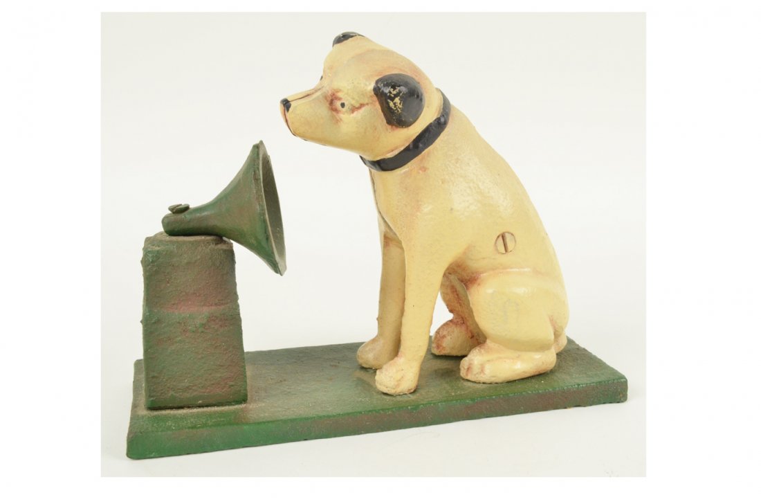 Nipper Dog Cast Iron Bank: Nipper Dog Cast Iron Bank. Nipper the RCA dog painted cast iron still bank. White dog on green cast iron stand barking into phonograph.