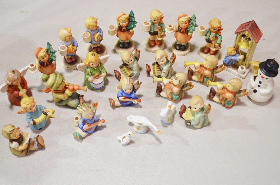 M.I. Hummel Candleholder Figurines & Ornaments: M.I. Hummel Candleholder Figurines & Ornaments. Hummel figurines included are: “Mel #2- Girl with Fir Tree”, “Boy with Horse” #117 Advent Candle holder, Angel with Accordion,1984 Hummel Angel 