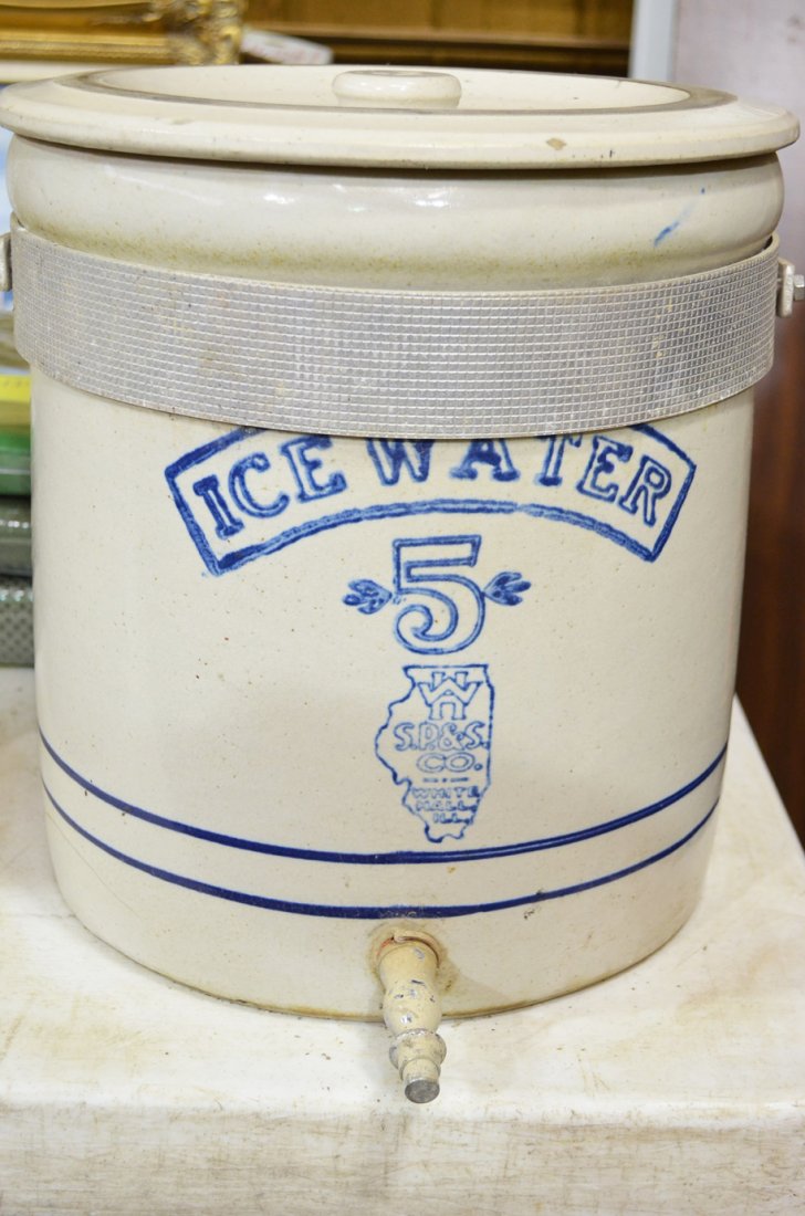 Stoneware Lidded Ice Water Crock SP&S White Hal: Stoneware Lidded Ice Water Crock SP&S White Hall. This lot is for a hard to find White Hall Cobalt SP&S Co. 5 Gallon Ice Water/Cooler, Crock. The cooler is marked with four cobalt blue rings and very 