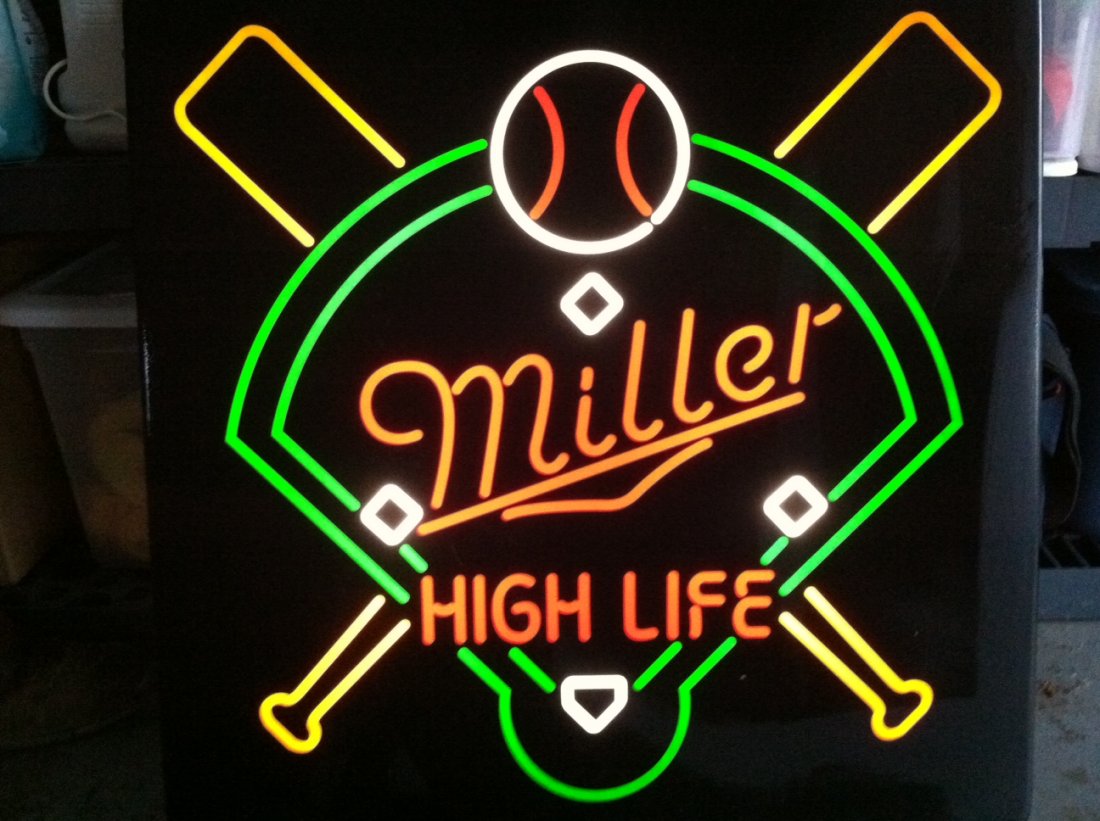 Miller High Life neon baseball lighted sign: Miller High Life beer 24" x 24" neon lighted sign. Baseball motif, works great.