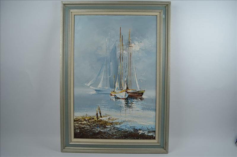 B. Wilder Oil on Canvas Ship Harbor Painting: B. Wilder Oil on Canvas Ship Harbor Painting Frame measures 24" by 36". The painting depicts a pair of sea sail boats in the ocean just off the beach. Appears to be both acrylic and oil paints. Signed
