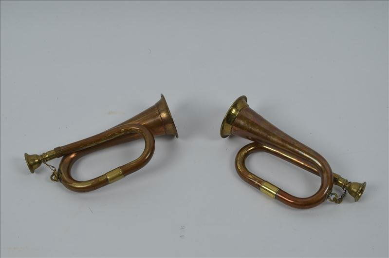 Miniature Brass Cavalry Bugles: Pair of miniature brass cavalry bugles. Each measures 5.75".