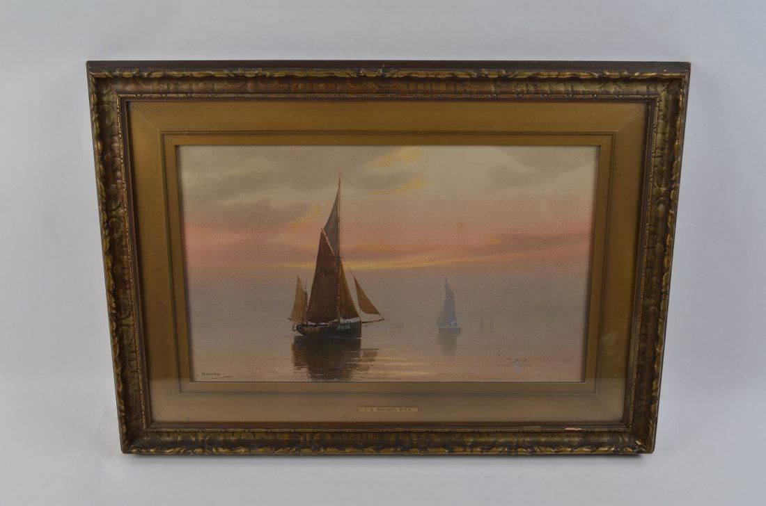 Charles E. Hannaford Watercolor: Charles E.Hannaford (1863-1955), British. Actual painting measures 11" tall and 19" wide. Overall frame size is 18" by 25". Watercolor is framed and has a glass face. Signed lower left corner. Sail bo