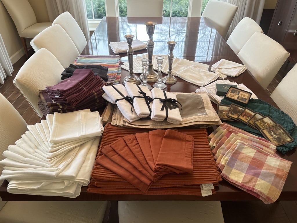 Candlesticks, Coasters, Table Linens: NEW Fieldcrest luxury napkins in white, linen and cotton blend, 3 sets, each set has four napkins. Set of 12 Jason Coasters, set of 6 Pimpernel cork backed hunting scene coasters. 20 two-tone Chino Ra